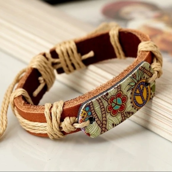 Boho Peace Sign Braided Leather Rope Hemp Bracelet - Picture 2 of 4